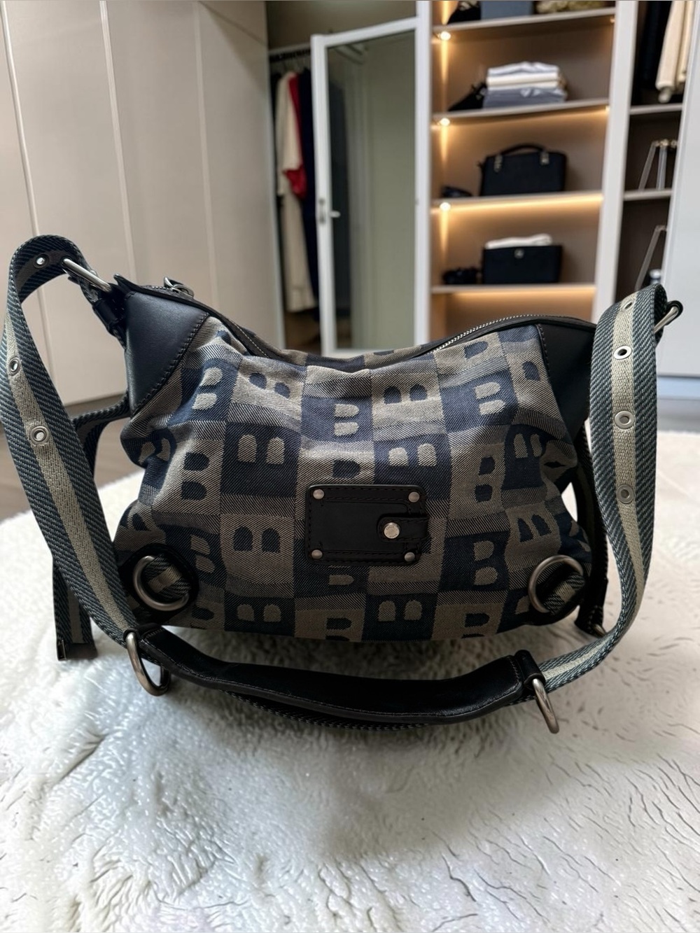 Designer-Inspired Navy Patterned Women’s Shoulder Bag